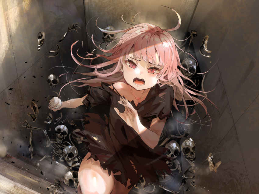 1girl aged_down ahoge bare_legs black_shirt bone commentary_request fleeing funi_mu9 hololive hololive_english long_hair looking_at_viewer messy_hair mori_calliope off_shoulder open_mouth pink_hair red_eyes shirt skeleton skull solo stairs torn_clothes virtual_youtuber
