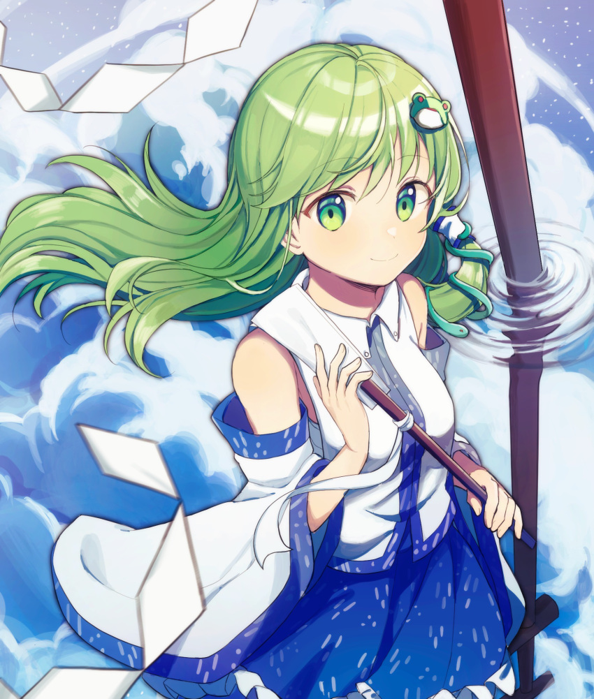 1girl bare_shoulders blue_skirt closed_mouth detached_sleeves frog_hair_ornament gohei green_eyes green_hair hair_ornament hair_tubes highres holding japanese_clothes kochiya_sanae long_hair nontraditional_miko reflection reflective_water skirt smile snake_hair_ornament solo sweetpotatojelly torii touhou water white_sleeves wide_sleeves