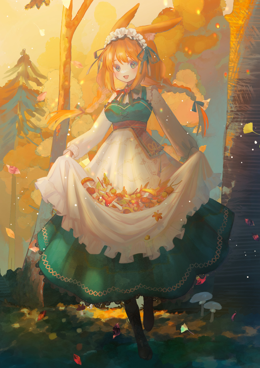 1girl :d animal_ears autumn_leaves black_pantyhose blush braid clothes_lift dress dress_lift evening fantasy green_dress green_eyes green_ribbon hair_ribbon headdress highres leaf lifted_by_self long_hair looking_at_viewer maple_leaf melty_(corolla) mushroom neck_ribbon open_mouth orange_hair orange_sky original outdoors pantyhose rabbit_ears ribbon skirt_basket sky smile solo tree two-tone_dress very_long_hair white_dress