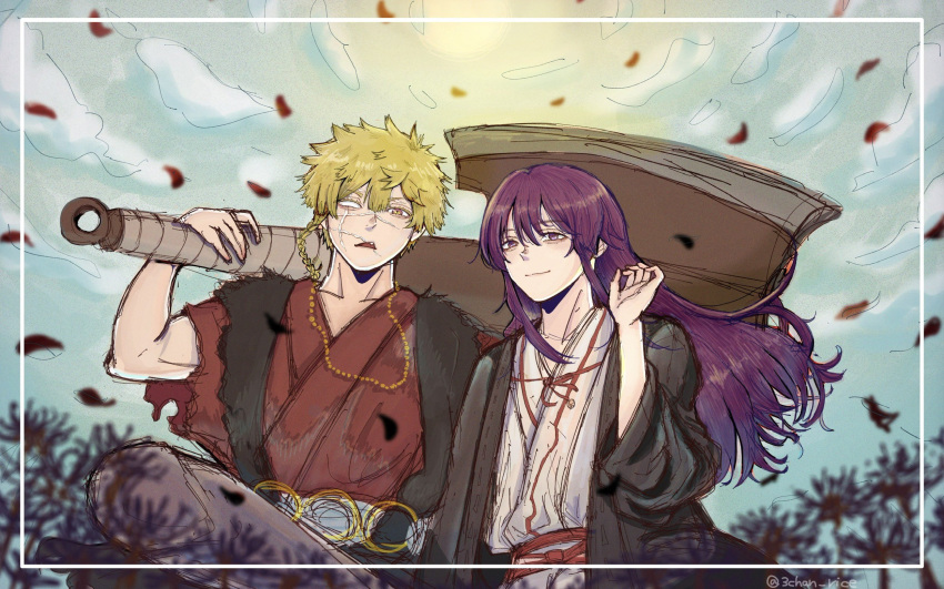 2boys 3chan_rice axe aza_choubei aza_touma bangs bead_necklace beads blonde_hair braid cross_scar falling_petals haori highres holding holding_axe huge_weapon japanese_clothes jewelry jigokuraku long_hair looking_at_viewer multiple_boys necklace on_shoulder open_mouth petals purple_hair red_robe robe scar scar_on_chest short_hair side_braid smile torn_clothes violet_eyes weapon white_robe yellow_eyes