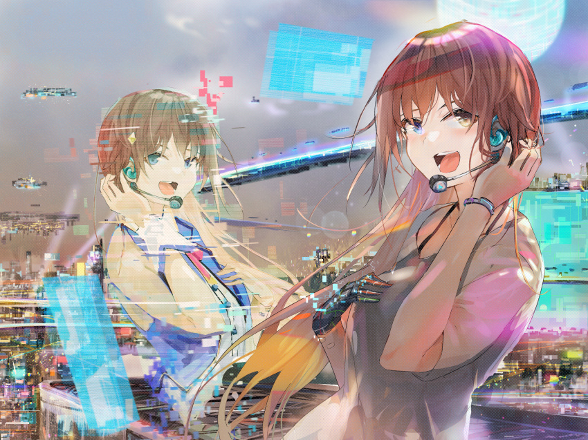 1girl bangs blue_eyes blue_vest bracelet brown_eyes brown_hair commentary_request cropped_vest diamond_hair_ornament funi_mu9 headset heterochromia highres hologram hololive jewelry long_hair looking_at_viewer multiple_views music neck_ribbon open_mouth ribbon shirt singing sleeveless sleeveless_shirt smile tokino_sora upper_body vest virtual_youtuber wrist_cuffs
