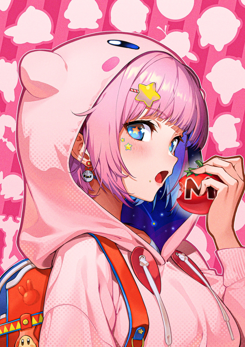blue_eyes cosplay earrings highres hood hoodie jewelry kabu_(niniko2ko) kirby kirby_(cosplay) open_mouth original pink_background pink_hair pink_hoodie red_bag