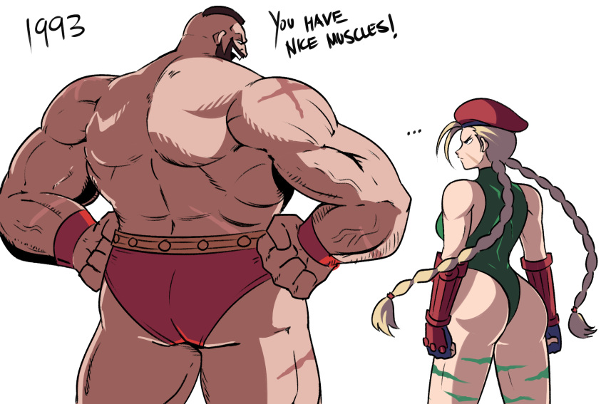 1boy 1girl ass beret blonde_hair braid braided_ponytail cammy_white english_text facing_away gauntlets green_leotard hands_on_hips hat highres leotard muscular muscular_male simple_background street_fighter street_fighter_ii_(series) tina_fate twintails white_background zangief