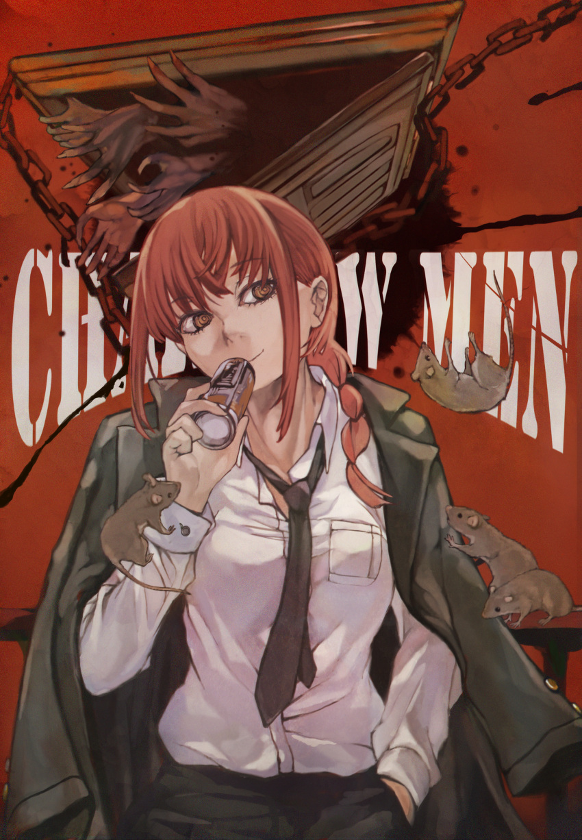 1girl absurdres bangs beer_can black_coat black_necktie black_pants braid braided_ponytail can chain chainsaw_man coat coat_on_shoulders collared_shirt copyright_name disembodied_limb door hand_in_pocket highres holding holding_can looking_to_the_side makima_(chainsaw_man) medium_hair mouse necktie nyami pants red_eyes red_theme redhead ringed_eyes shirt shirt_tucked_in sidelocks smile solo white_shirt