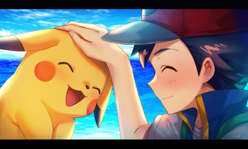 1boy :d asada_sadao ash_ketchum bangs baseball_cap blue_jacket blush closed_eyes closed_mouth clouds commentary_request day hand_up hat headpat highres jacket male_focus open_mouth outdoors pikachu pokemon pokemon_(anime) pokemon_(creature) pokemon_journeys red_headwear shirt short_hair short_sleeves sky sleeveless sleeveless_jacket smile t-shirt tongue