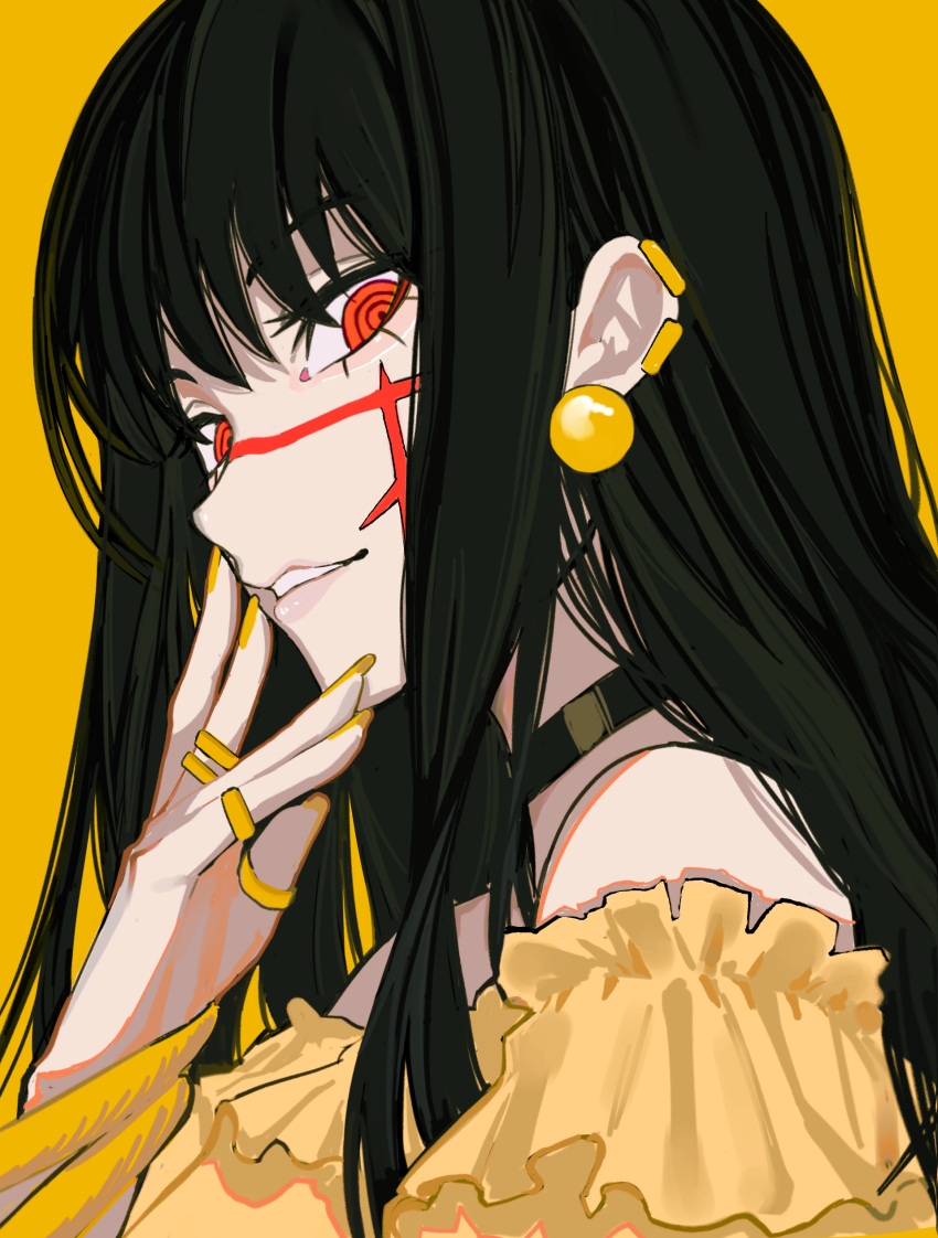 1girl absurdres bangs black_choker black_hair chainsaw_man choker cross_scar dress earrings frilled_dress frilled_sleeves frills gold_earrings highres jewelry long_hair looking_at_viewer multiple_rings parted_lips red_eyes ring ringed_eyes sailen0 scar scar_on_cheek scar_on_face sideways_glance simple_background smile solo yellow_background yellow_dress yellow_nails yellow_theme yoru_(chainsaw_man)