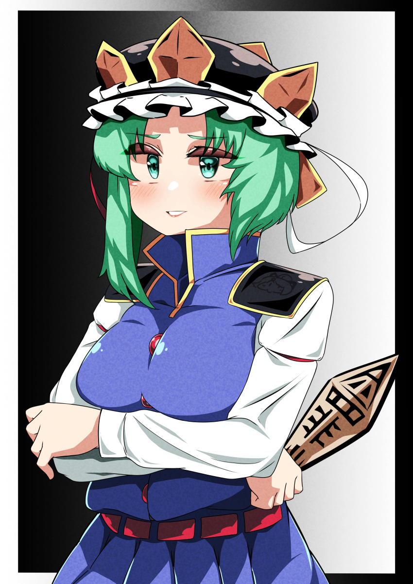 1girl absurdres arms_under_breasts asymmetrical_hair black_background black_headwear blue_vest blush breasts buttons commentary_request epaulettes frilled_hat frills gradient_background green_eyes green_hair grey_background grin hat highres kurodani_yamame long_sleeves looking_at_viewer medium_breasts one-hour_drawing_challenge rinyamame rod_of_remorse shiki_eiki shirt short_hair smile solo touhou upper_body vest white_shirt