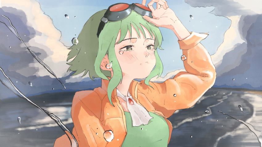 1girl absurdres ascot bangs blue_sky blush brooch clouds day goggles goggles_on_head green_eyes green_hair green_shirt gumi half-closed_eyes highres holding holding_goggles jacket jewelry light_frown looking_ahead nose_bubble ocean open_clothes open_jacket orange_jacket outdoors portrait red-tinted_eyewear shirt short_hair sky sleeves_past_elbows sodemizu solo tearing_up tinted_eyewear vocaloid water_drop white_ascot