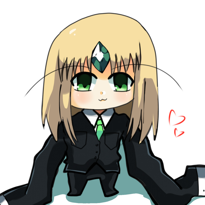 1boy blonde_hair blush chibi emerald_(pokemon) formal gem green_eyes green_gemstone heart highres long_hair long_sleeves necktie non-web_source otoko_no_ko pokemon pokemon_(creature) pokemon_(game) pokemon_adventures pokemon_emerald pokemon_rse shirt shota suit