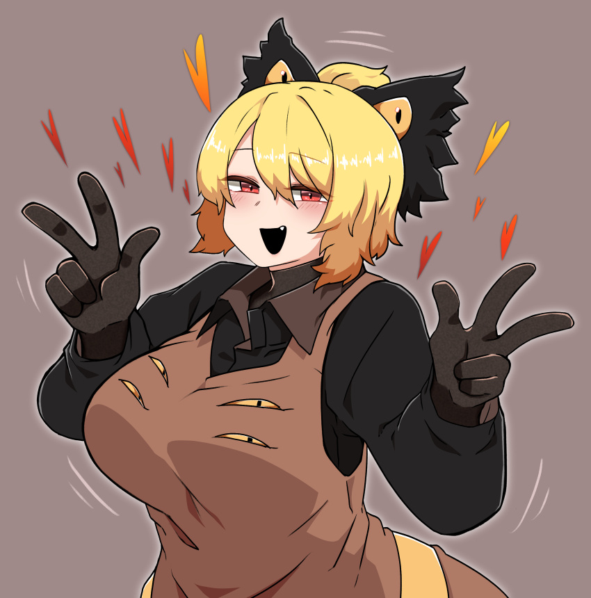1girl absurdres bangs black_bow black_gloves black_shirt blonde_hair blush bow breasts brown_background brown_dress commentary_request cowboy_shot double_w dress extra_eyes fang gloves hair_between_eyes hair_bow hair_bun heart highres kurodani_yamame large_breasts long_sleeves looking_at_viewer open_mouth pinafore_dress red_eyes ribbon rinyamame shirt short_hair simple_background smile solo touhou w yellow_ribbon