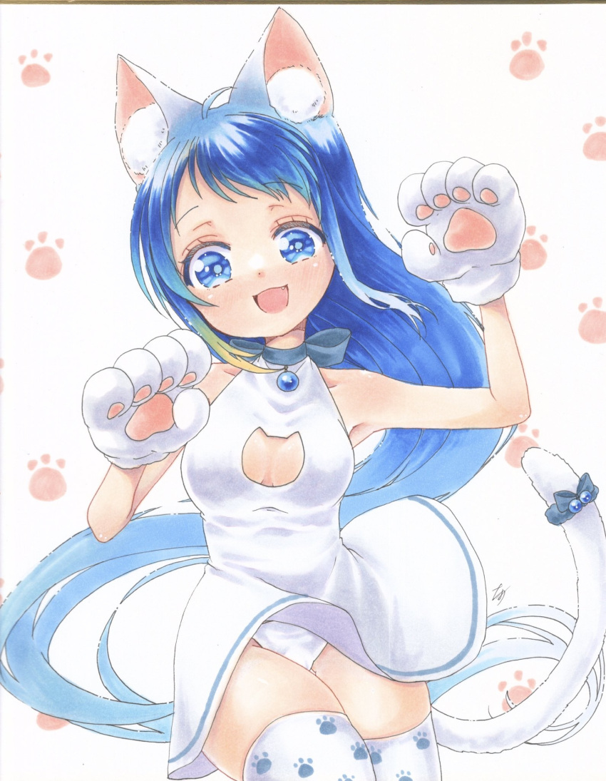 animal_ears animal_hands blue_eyes blue_hair breasts cat_cutout cat_ears cat_paw cat_tail cleavage_cutout clothing_cutout dress gloves highres kantai_collection long_hair panties pantyshot paw_gloves paw_print paw_print_background samidare_(kancolle) small_breasts tail thigh-highs traditional_media underwear very_long_hair white_dress white_panties white_thighhighs yuuki_chima