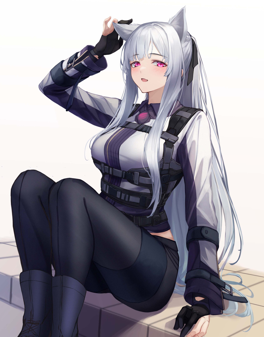 1girl 3_small_spiders absurdres ak-12_(girls'_frontline) animal_ear_fluff animal_ears arm_support artificial_eye black_pants braid collared_shirt french_braid girls_frontline gloves grey_hair hair_ribbon hand_up highres long_hair mechanical_eye pants partially_fingerless_gloves ponytail ribbon shirt sitting tactical_clothes violet_eyes