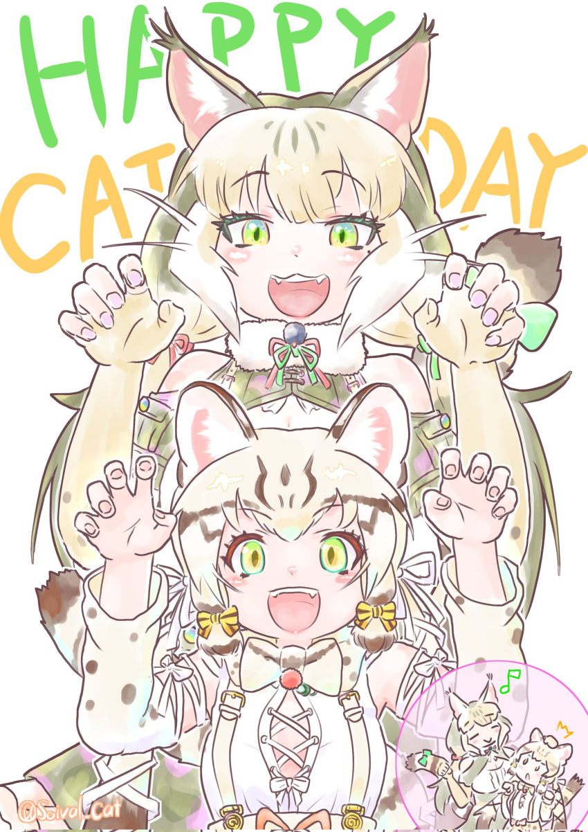 2girls animal_ears bow bowtie cat_ears cat_girl cat_tail elbow_gloves extra_ears fingerless_gloves geoffroy's_cat_(kemono_friends) gloves green_eyes grey_hair highres jungle_cat_(kemono_friends) kemono_friends kemono_friends_v_project long_hair microphone multiple_girls open_mouth ribbon saival_cat shirt simple_background skirt suspenders tail virtual_youtuber white_background