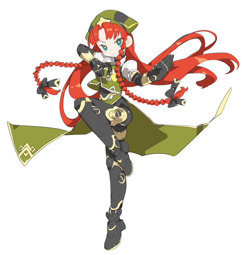 1girl absurdres bangs black_ribbon cheri_zao closed_mouth commentary_request full_body green_headwear green_skirt green_vest highres hong_meiling joints knee_up long_hair looking_at_viewer orange_hair parted_bangs puffy_short_sleeves puffy_sleeves ribbon robot_girl robot_joints shirt short_sleeves simple_background skirt solo touhou twintails very_long_hair vest white_background white_shirt