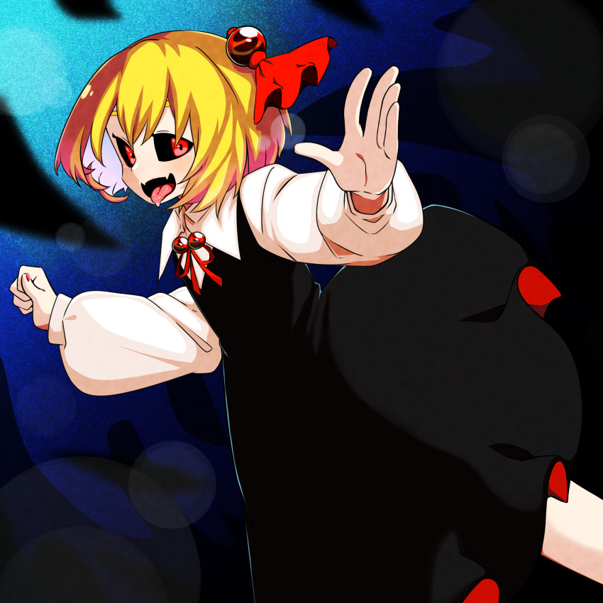 1girl bangs black_dress black_sclera blonde_hair blue_background collared_shirt colored_sclera commentary_request darkness dress fangs feet_out_of_frame flat_chest hair_bobbles hair_ornament highres long_sleeves looking_at_viewer medium_hair neck_ribbon open_mouth pinafore_dress red_eyes red_ribbon ribbon rinyamame rumia shirt skin_fangs smile solo tongue tongue_out touhou white_shirt