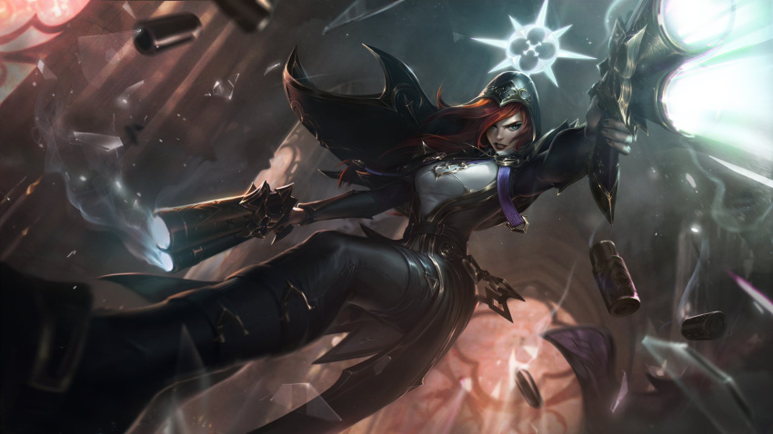 1girl black_cape black_footwear black_pants blurry blurry_background breasts broken_covenant_miss_fortune broken_glass bullet cape dual_wielding glass glowing glowing_weapon gun handgun heart highres holding holding_gun holding_weapon hood hood_up hooded_cape indoors large_breasts league_of_legends long_hair long_sleeves miss_fortune_(league_of_legends) official_art pants red_eyes red_lips redhead running shiny_clothes shirt shoes solo teeth weapon white_shirt window
