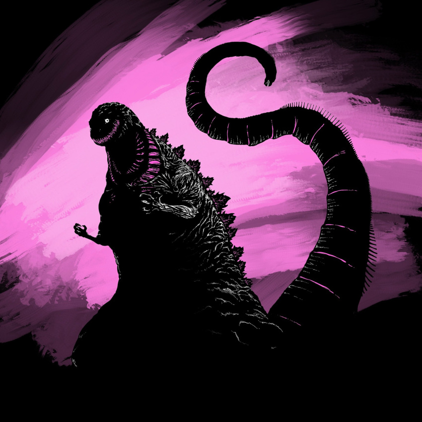 black_background black_eyes claws dandagouglas english_commentary full_body godzilla_(series) godzilla_(shin) high_contrast highres kaijuu limited_palette looking_at_viewer monster no_humans pink_background sharp_teeth shin_godzilla solo spines standing tail_mouth teeth