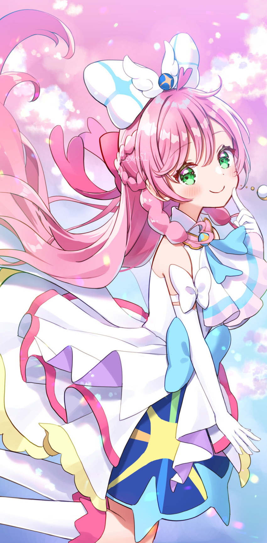 1girl absurdres ahoge artist_name ascot bangs blue_bow boots bow braided_sidelock brooch closed_mouth cure_prism dress earrings elbow_gloves glove_bow gloves green_eyes hair_bow heart heart_ahoge highres hirogaru_sky!_precure jewelry long_hair looking_at_viewer magical_girl nijigaoka_mashiro pink_hair precure shuu_(mniarnoakou) sidelocks smile solo white_ascot white_bow white_dress white_footwear white_gloves wing_brooch