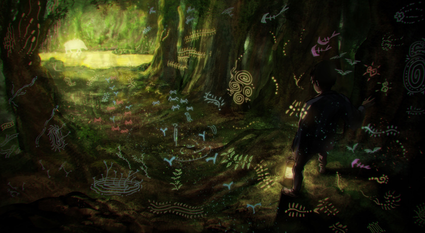 1boy absurdres boar bug centipede character_request chromatic_aberration facing_away forest glowing highres lantern male_focus mushi_(mushishi) mushishi nature outdoors pond sandals socks solo temnama tree white_socks