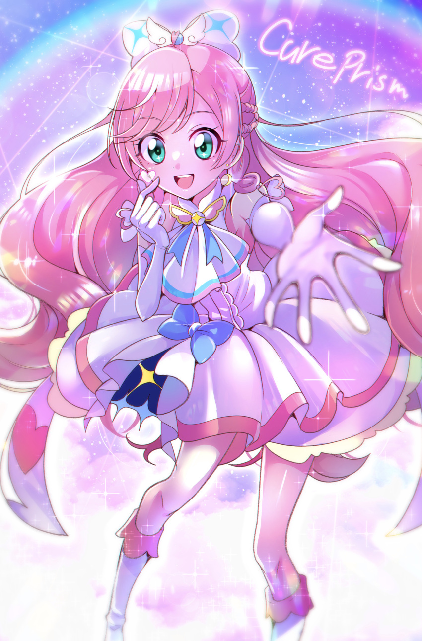 1girl :d absurdres ahoge ascot bangs blue_bow boots bow braided_sidelock brooch character_name cure_prism dress earrings elbow_gloves finger_heart glove_bow gloves green_eyes hair_bow heart heart_ahoge highres hirogaru_sky!_precure jewelry long_hair looking_at_viewer magical_girl mitsuki_tayura nijigaoka_mashiro open_mouth outstretched_hand pink_hair precure rainbow sidelocks smile solo white_ascot white_bow white_dress white_footwear white_gloves wing_brooch