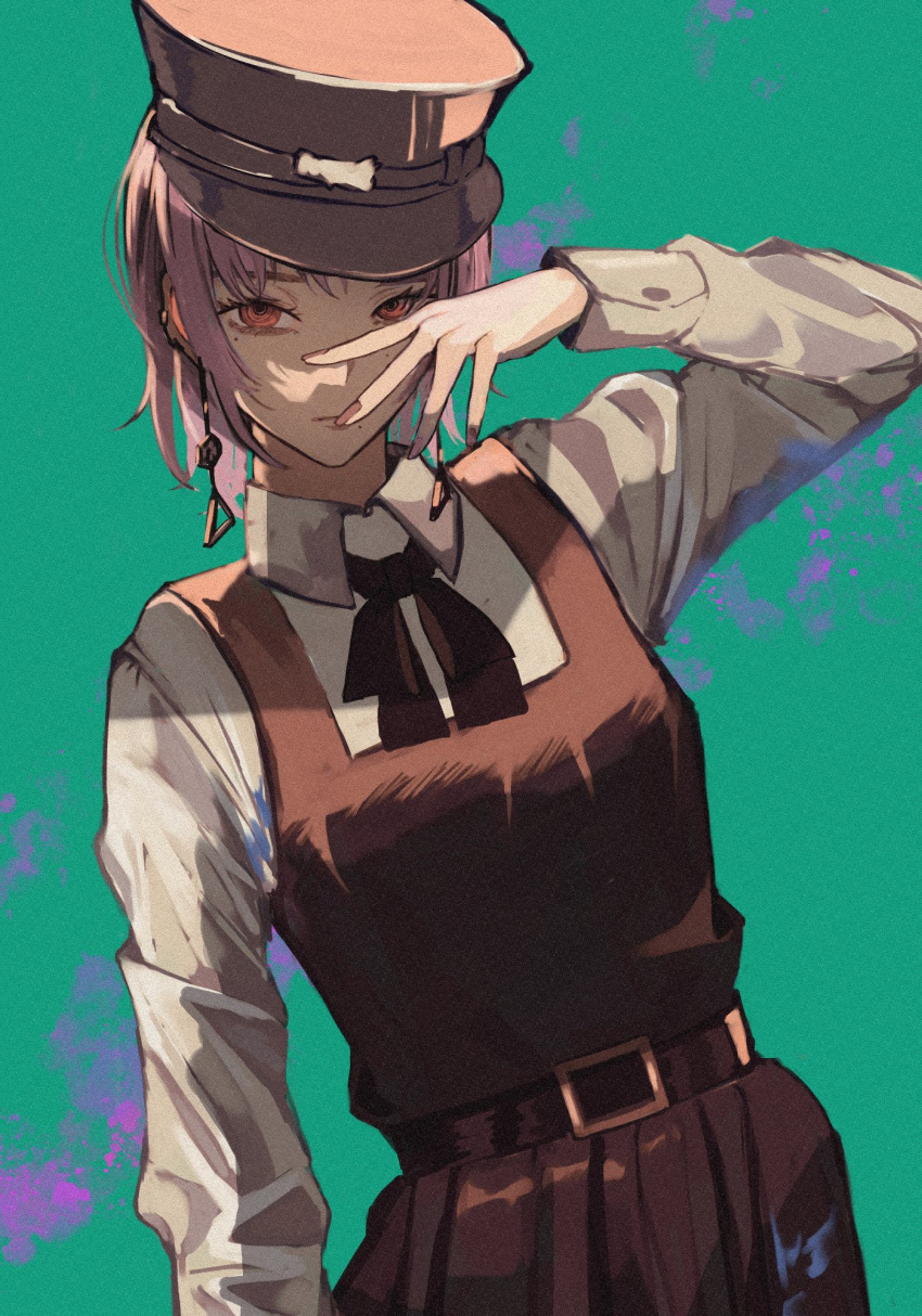 1girl arm_up black_ribbon brown_eyes chainsaw_man doseki89 dress earrings fami_(chainsaw_man) fourth_east_high_school_uniform hat highres jewelry looking_at_viewer military_hat mole mole_under_eye mole_under_mouth multiple_moles neck_ribbon pinafore_dress pink_hair ribbon ringed_eyes school_uniform short_hair solo tassel tassel_earrings two-tone_background