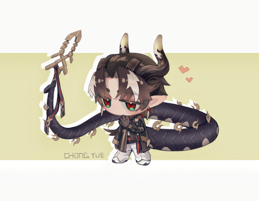 1boy arknights bellsichmidt black_gloves black_jacket brown_background brown_hair character_name chibi chong_yue_(arknights) commentary dragon_boy dragon_horns dragon_tail drop_shadow full_body gloves grey_background heart highres horns jacket male_focus multicolored_hair pants pointy_ears red_eyes shoes solo standing streaked_hair symbol-only_commentary tail two-tone_background white_footwear white_hair white_pants