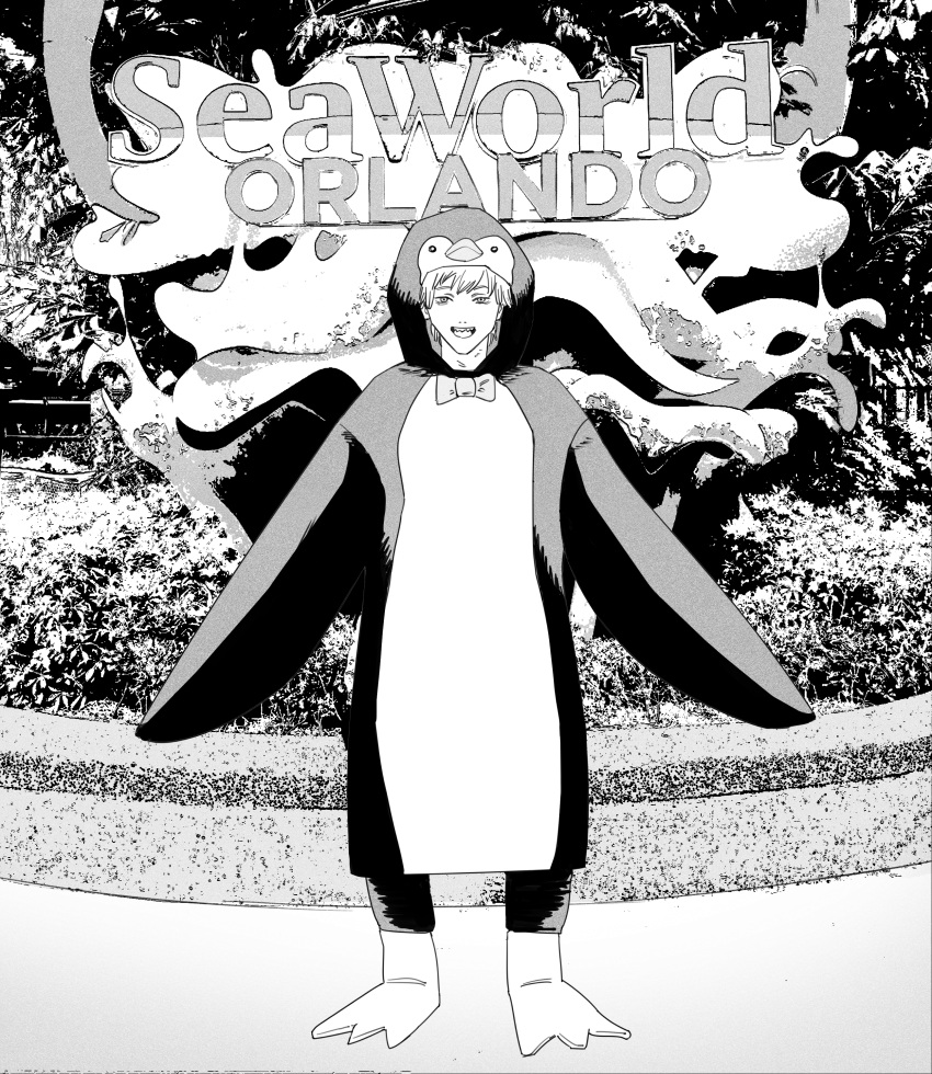 1boy absurdres animal_costume chainsaw_man commentary denji_(chainsaw_man) full_body greyscale highres male_focus monochrome open_mouth penguin_costume seaworld sharp_teeth smile solo teeth xyanaid