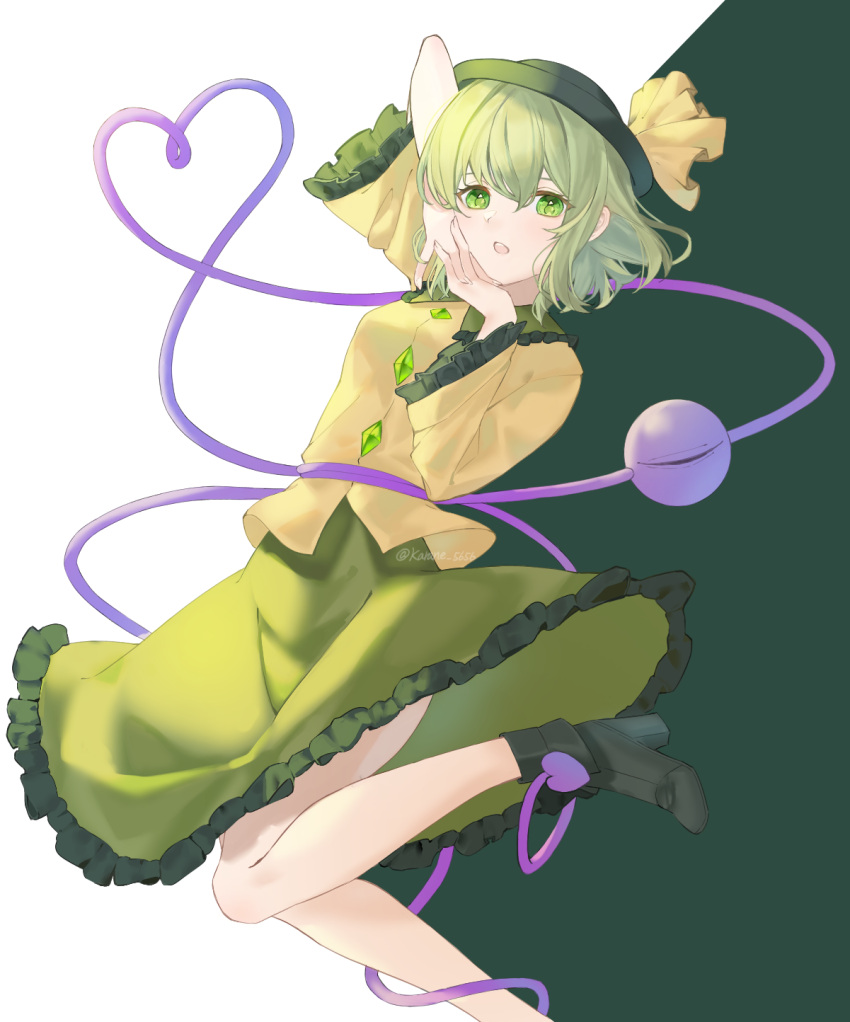 1girl artist_name black_footwear boots dress green_background green_dress green_eyes green_hair green_headwear heart highres karane_5656 komeiji_koishi legs long_sleeves looking_at_viewer open_mouth own_hands_clasped own_hands_together shirt short_hair solo touhou two-tone_background white_background yellow_shirt