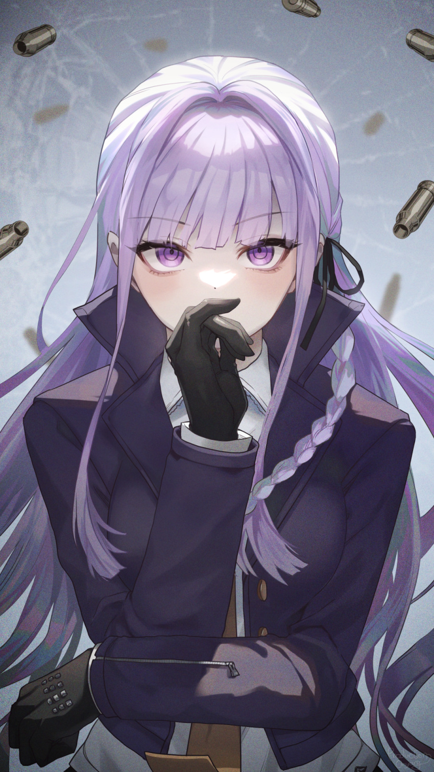 1girl bangs black_gloves black_jacket black_ribbon braid breasts brown_necktie bullet collared_shirt commentary_request covering_mouth danganronpa:_trigger_happy_havoc danganronpa_(series) gloves grey_background grey_shirt hair_intakes hair_ribbon hand_up highres jacket kirigiri_kyouko large_breasts long_hair long_sleeves necktie onyang open_clothes open_jacket pink_eyes ribbon shirt side_braid solo upper_body white_shirt