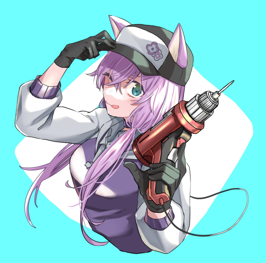 1girl animal_ears anniversary aqua_eyes bangs black_gloves blue_background cat_ears collared_shirt commentary_request eyebrows_hidden_by_hair gloves hair_between_eyes hand_on_headwear hat highres holding indie_virtual_youtuber jacket light_blush long_hair looking_at_viewer low_twintails official_art one_eye_closed power_tool purple_hair purple_jacket shinonome_hatsuri shirt simple_background solo tongue tongue_out twintails upper_body virtual_youtuber white_background white_jacket white_shirt wing_collar