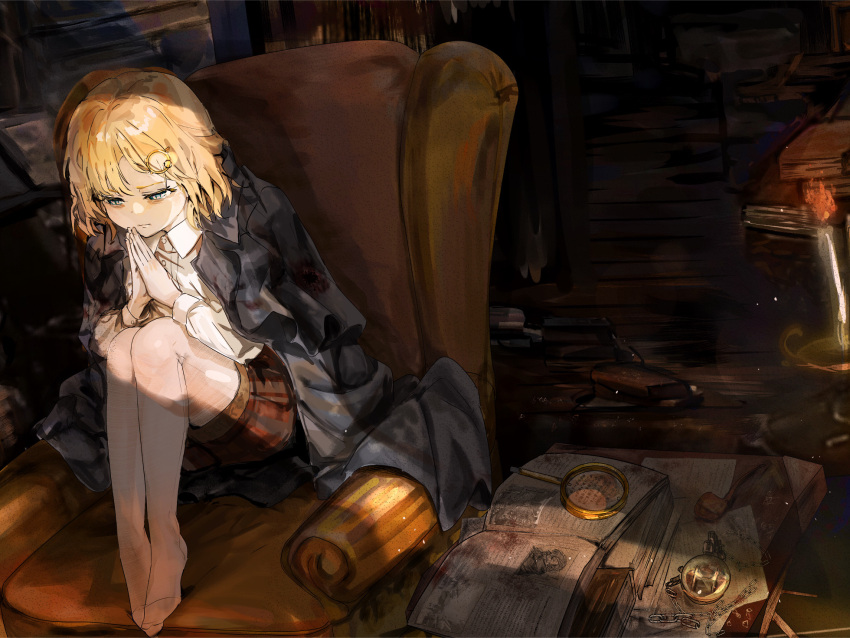 1girl blonde_hair blue_eyes book candle chair commentary_request crack_of_light dress_shirt fire funi_mu9 highres hololive hololive_english indoors jacket magnifying_glass medium_hair monocle own_hands_together pocket_watch shirt shorts sitting solo thigh-highs virtual_youtuber watch watson_amelia