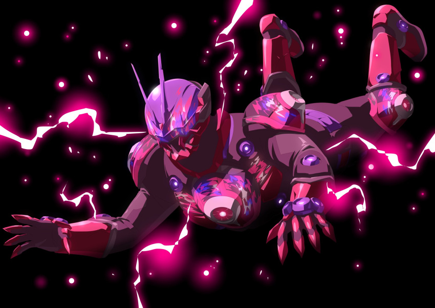 1boy abs armor black_armor bug electricity floating gloves glowing highres kamen_rider kamen_rider_geats_(series) kamen_rider_glare_2 legs_up looking_to_the_side male_focus manly open_hand otokamu power_armor red_armor red_gloves tokusatsu toned toned_male villain_pose violet_eyes visor_(armor)