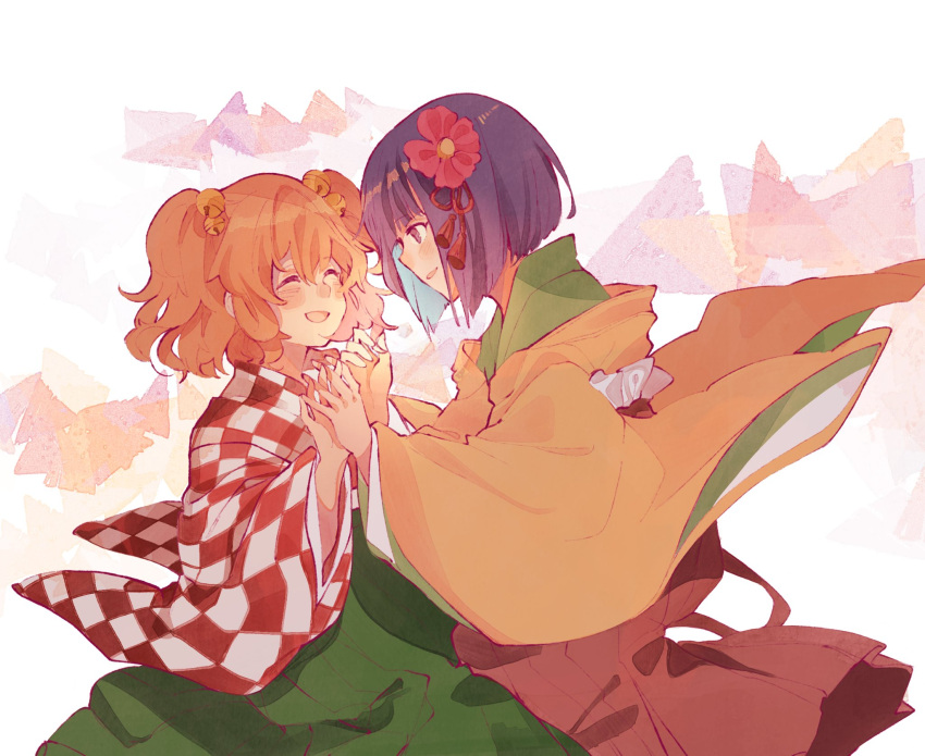:d bangs checkered_clothes checkered_kimono closed_eyes commentary english_commentary flower green_kimono green_skirt hair_flower hair_ornament hieda_no_akyuu highres japanese_clothes kabocha1408 kimono looking_at_another looking_to_the_side motoori_kosuzu one_eye_closed open_mouth purple_hair red_flower red_skirt short_hair skirt smile touhou two_side_up violet_eyes white_background wide_sleeves