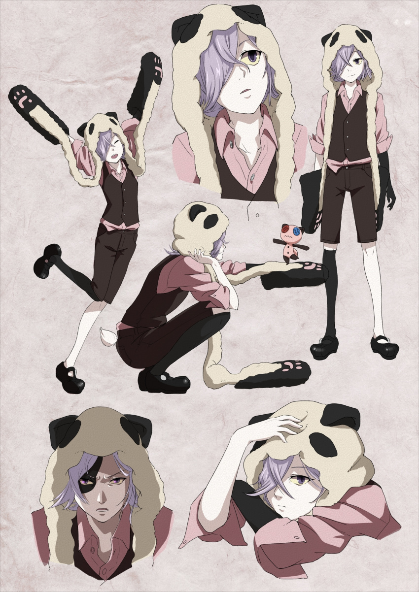 1boy angry animal_hands black_footwear black_shorts black_vest closed_eyes collarbone colored_sclera colored_skin frfk full_body hair_over_one_eye highres inga light_frown multicolored_skin open_mouth pale_skin panda_tail parted_lips pink_shirt purple_hair sasa_kazamori shirt short_hair shorts smile squatting standing standing_on_one_leg stuffed_animal stuffed_toy teddy_bear teeth un-go upper_teeth_only vest violet_eyes