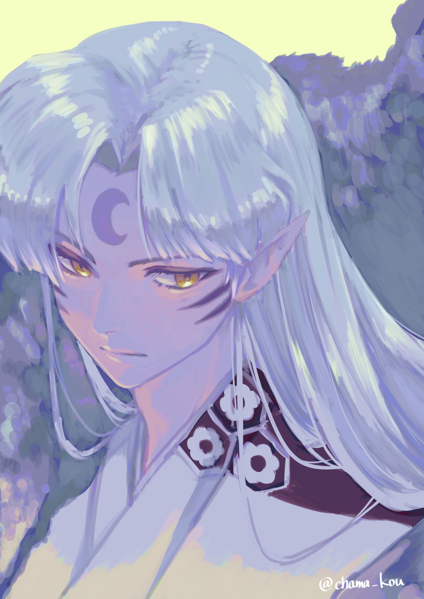 1boy absurdres chama_kou closed_mouth crescent crescent_facial_mark facial_mark forehead_mark highres inuyasha long_hair male_focus pointy_ears portrait sesshoumaru solo twitter_username whisker_markings white_hair yellow_eyes
