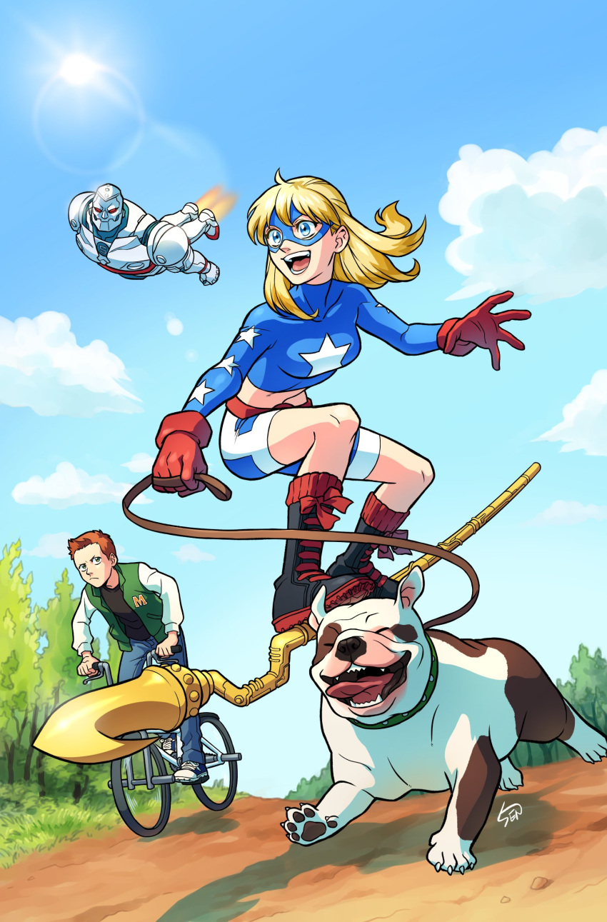 1girl 2boys animal_hands bicycle blonde_hair blue_eyes boots cross-laced_footwear dc_comics dog dog_paws gloves green_eyes ground_vehicle highres lace-up_boots leash long_sleeves midriff mike_dugan multiple_boys official_art open_mouth outdoors red_gloves redhead road s.t.r.i.p.e sen_(sen69) shoelaces shoes sneakers staff star_(symbol) stargirl superhero teeth tongue tongue_out