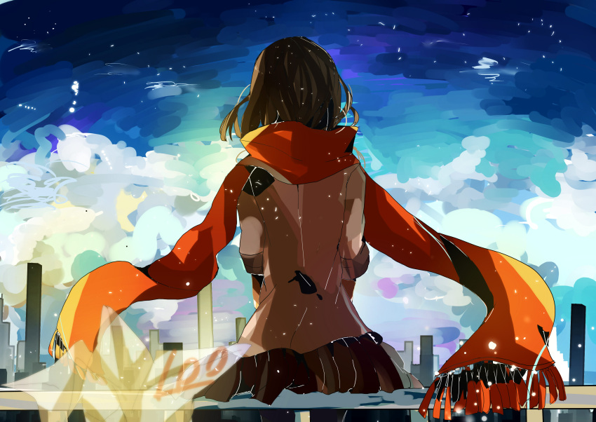 1girl absurdres against_railing ayano_no_koufuku_riron_(vocaloid) black_skirt blue_sky brown_shirt cityscape clouds cloudy_sky commentary_request day enpera facing_away floating floating_object floating_scarf fringe_trim from_behind highres jacket kagerou_project mekakucity_actors multicolored_sky origami outdoors paper_crane psychokotoka railing red_scarf scarf shirt skirt sky solo sparkle tateyama_ayano test_score_(paper) transparent upper_body wind