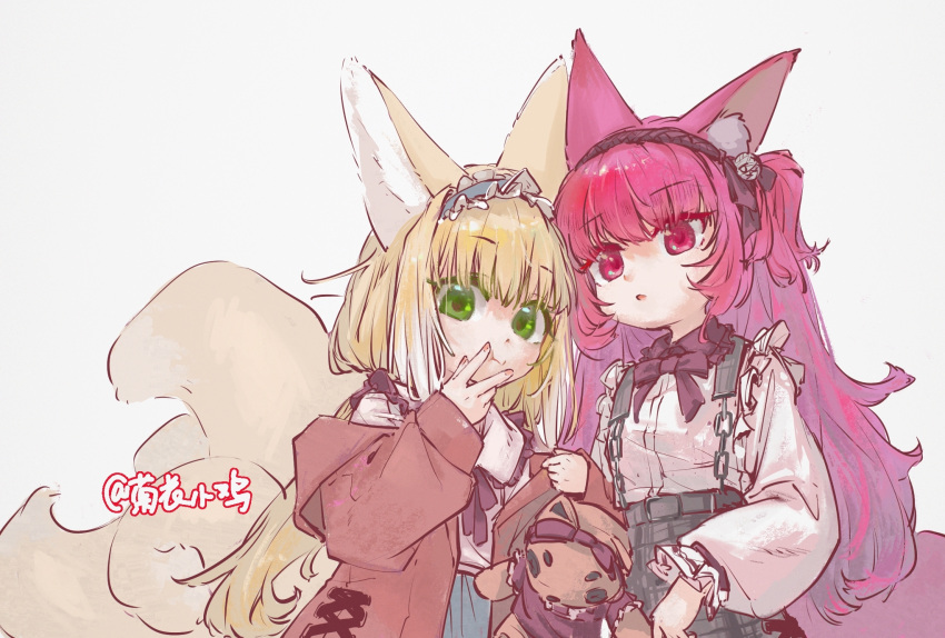 2girls animal_ear_fluff animal_ears arknights blonde_hair blue_skirt brown_jacket chain closed_mouth collared_shirt commentary_request fox_ears fox_girl fox_tail grey_background grey_skirt hand_up highres holding holding_stuffed_toy jacket juhuaxiaoji long_hair long_sleeves multiple_girls off_shoulder open_clothes open_jacket parted_lips pink_hair puffy_long_sleeves puffy_sleeves red_eyes shamare_(arknights) shirt simple_background skirt stuffed_animal stuffed_dog stuffed_toy suspender_skirt suspenders suzuran_(arknights) tail twitter_username very_long_hair white_shirt