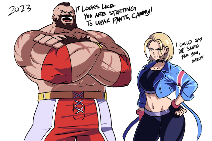 1boy 1girl beard blonde_hair breasts brown_hair cammy_white crop_top cropped_jacket crossed_arms english_text facial_hair facing_viewer hand_on_hip highres mohawk muscular muscular_male pants scar scar_on_cheek scar_on_face short_hair simple_background street_fighter street_fighter_6 tina_fate white_background yoga_pants zangief