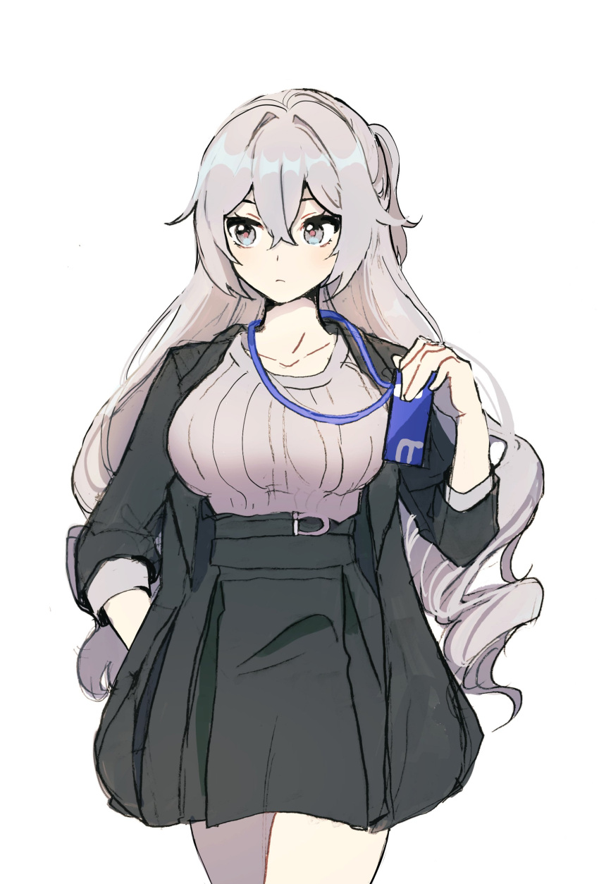1girl 5rwpvc absurdres black_skirt breasts bronya_zaychik bronya_zaychik_(silverwing:_n-ex) card closed_mouth drill_hair grey_hair hand_in_pocket highres holding holding_card honkai_(series) honkai_impact_3rd large_breasts looking_to_the_side office_lady simple_background skirt solo standing white_background
