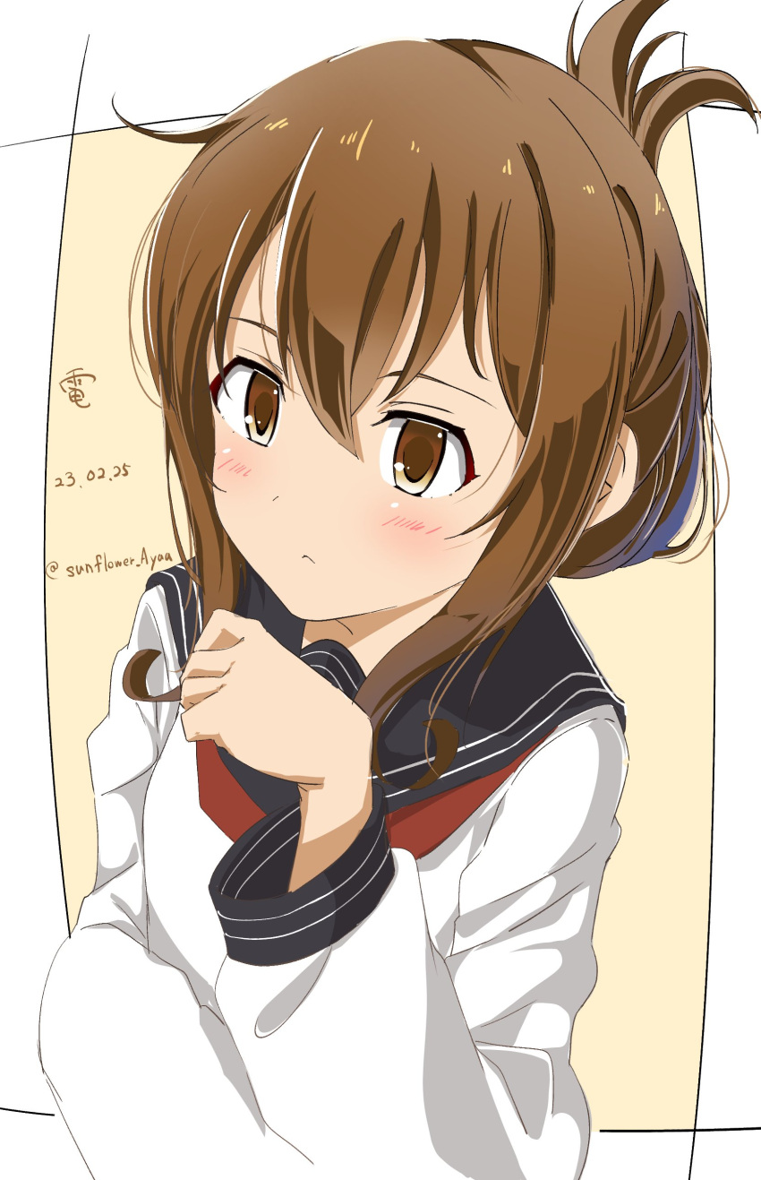 168admiral_(sunflower) 1girl absurdres black_sailor_collar brown_hair dated folded_ponytail highres inazuma_(kancolle) kantai_collection long_hair long_sleeves neckerchief one-hour_drawing_challenge red_neckerchief sailor_collar school_uniform serafuku shirt solo twitter_username upper_body white_shirt