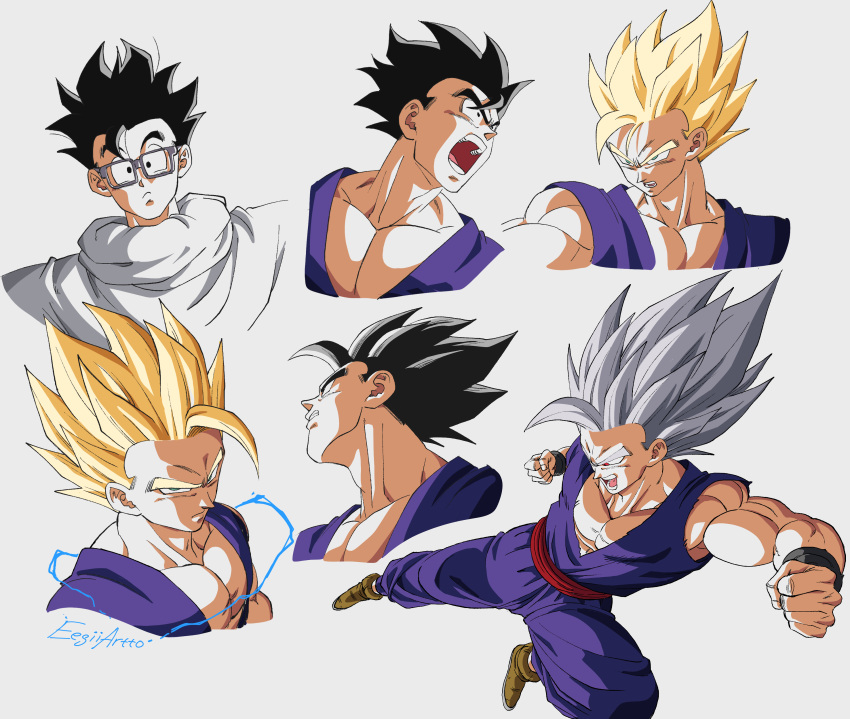 absurdres artist_name black_eyes black_hair blonde_hair commentary dougi dragon_ball dragon_ball_super dragon_ball_super_super_hero eegiiartto electricity furrowed_brow glasses gohan_beast green_eyes grey_hair highres kicking multiple_persona open_mouth potential_unleashed red_eyes serious shoulder_pads signature son_gohan super_saiyan super_saiyan_1 super_saiyan_2