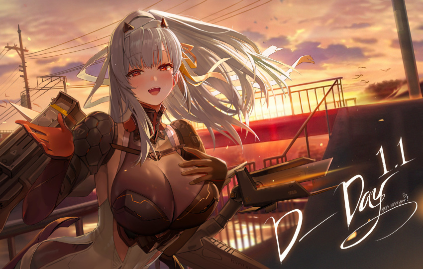 1girl absurdres bandaged_head bandages goddess_of_victory:_nikke grey_hair highres modernia_(nikke) red_eyes see-through_cleavage skin_tight tagme