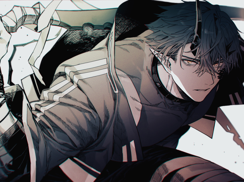 1boy arknights bandaged_arm bandages bangs brown_eyes flamebringer_(arknights) hair_between_eyes holding horns jacket looking_at_viewer male_focus monochrome open_clothes open_jacket parted_lips pointy_ears shirt short_sleeves sleeveless sleeveless_shirt solo spot_color toriyoshi