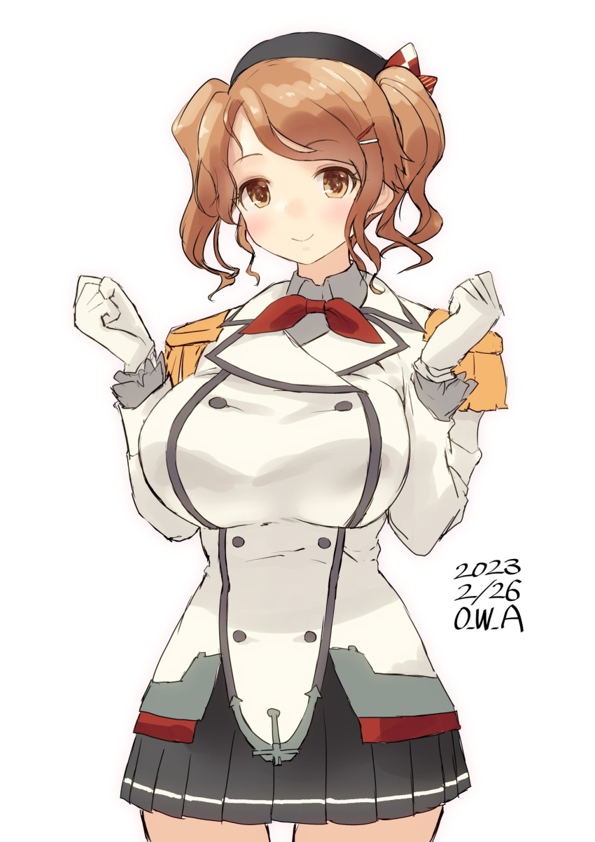1girl alternate_costume alternate_hairstyle aquila_(kancolle) artist_name beret black_headwear breasts buttons cosplay cowboy_shot dated double-breasted epaulettes gloves grey_skirt hat highres jacket kantai_collection kashima_(kancolle) kashima_(kancolle)_(cosplay) large_breasts long_hair long_sleeves looking_at_viewer military_jacket miniskirt neckerchief one-hour_drawing_challenge owa_(ishtail) pleated_skirt red_neckerchief simple_background skirt solo twintails white_background white_gloves white_jacket