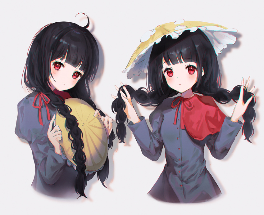 1girl ajirogasa black_hair blush braid breasts brown_headwear buttons capelet closed_mouth commentary_request dress dress_shirt frilled_hat frills grey_dress hat hat_removed head_tilt headwear_removed holding holding_clothes holding_hat ichita_(yixisama-shihaohaizhi) long_hair long_sleeves multiple_views red_capelet red_eyes red_ribbon ribbon shirt small_breasts snow touhou twin_braids upper_body very_long_hair yatadera_narumi
