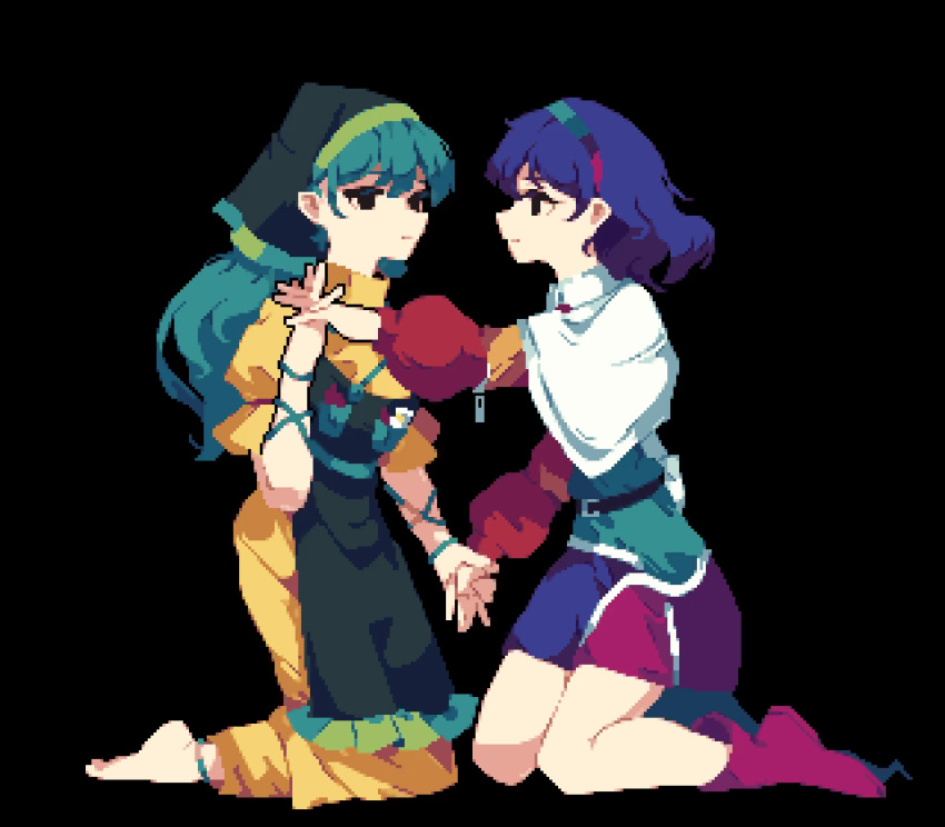 2girls 4qw5 apron barefoot black_background blue_hair boots capelet closed_mouth dress frilled_apron frills green_apron green_hair green_headwear haniyasushin_keiki head_scarf holding_hands interlocked_fingers kneeling long_hair long_sleeves looking_at_another medium_hair multicolored_clothes multicolored_dress multicolored_hairband multiple_girls patchwork_clothes pink_footwear pixel_art simple_background tenkyuu_chimata touhou white_capelet yellow_dress zipper