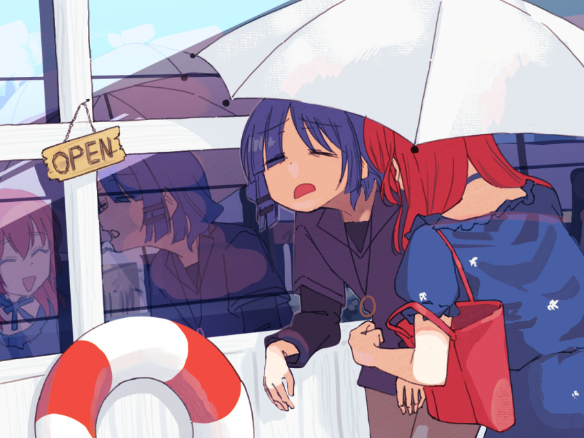 2girls ^_^ arisaki_(cnxy7525) black_pants black_shirt blue_hair blue_shirt bocchi_the_rock! character_request closed_eyes cowboy_shot d: day holding holding_umbrella jewelry layered_sleeves lifebuoy multiple_girls necklace open_mouth outdoors pants red_bag redhead shirt sign umbrella