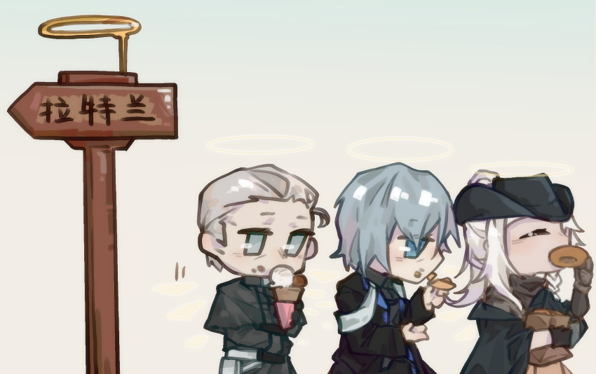 1girl 2boys agenir_(arknights) andoain_(arknights) arknights bag black_capelet black_gloves black_headwear black_jacket blue_eyes brown_gloves capelet closed_eyes double_scoop doughnut eating food food_on_face gloves grey_background grey_eyes grey_hair halo highres holding holding_food ice_cream ice_cream_cone jacket long_hair male_focus multiple_boys object_hug outcast_(arknights) paper_bag sign simple_background translation_request waiaaaaaaa white_hair