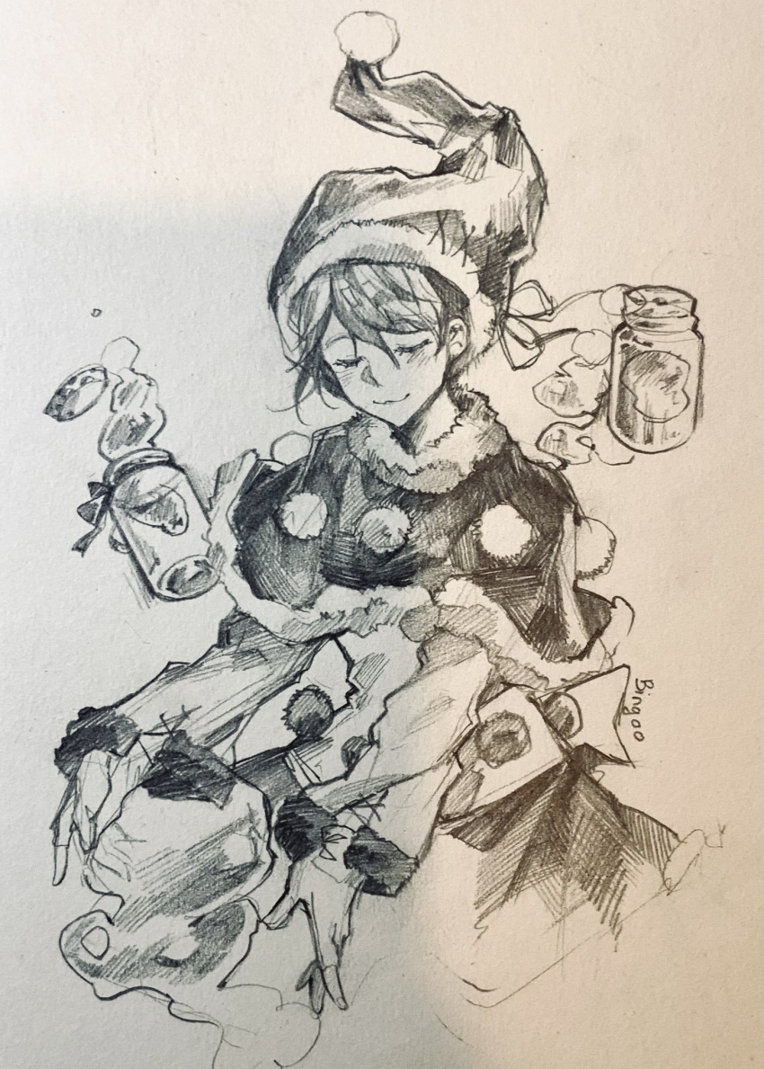 1girl bangs bottle capelet closed_eyes closed_mouth commentary cropped_torso doremy_sweet dream_soul english_commentary fur_trim greyscale hat highres kabocha1408 long_sleeves monochrome nightcap pom_pom_(clothes) short_hair signature sketch smile solo touhou traditional_media